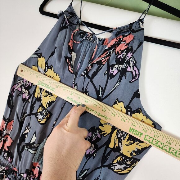 Ramy Brook 100% Silk Blue Floral Midi Dress Halter Tie Tassel Top Designer Dress - Picture 9 of 11